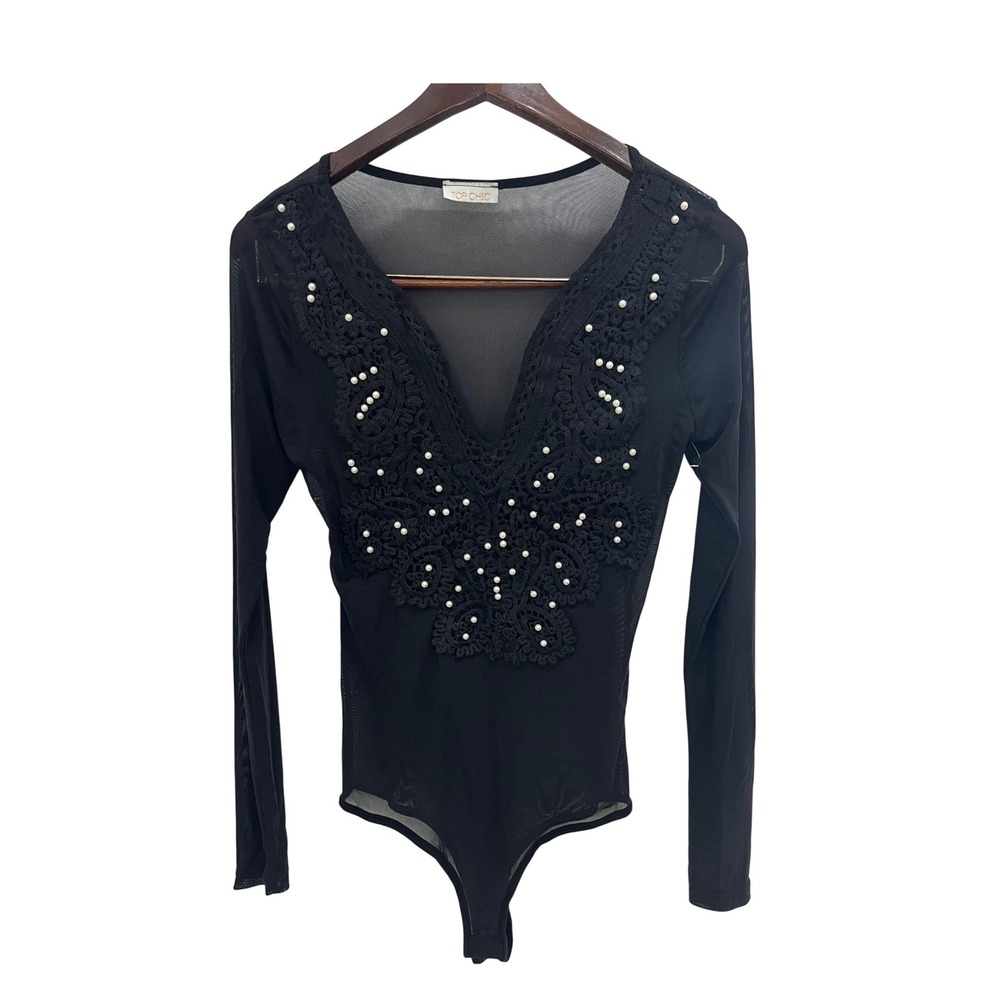 Top Chic Bodysuit Womens Small Black  Sheer Mesh Pearl Lace V-Neck Long Sleeve